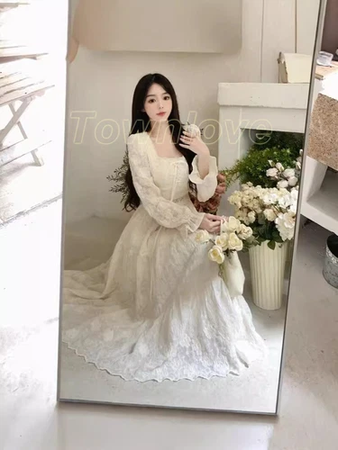 Women Fairy Elegant White Long Sleeve Dresses Lace Dress Vintage Square Collar - Bild 10 von 12