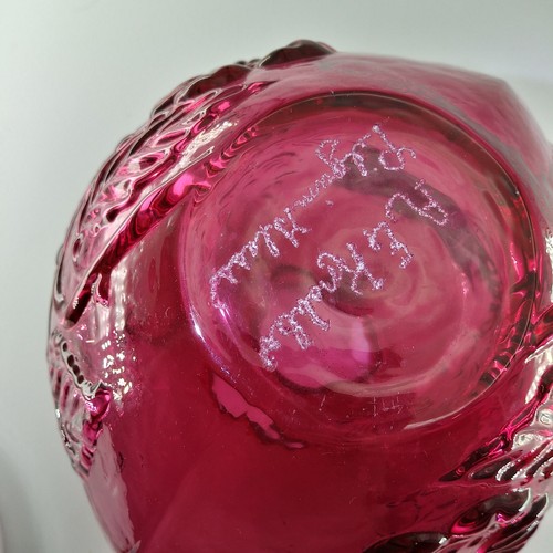 Vintage Engraved Cranberry Fenton Rose Bowl Vase heavy Embossed Poppy's 2" hole - Picture 11 of 11