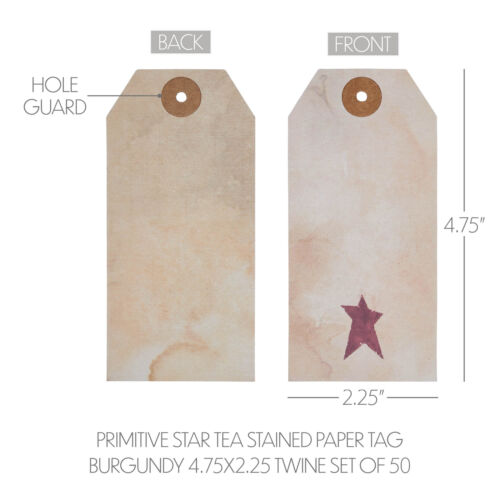 Primitive Star Tea Stained Paper Tag Burgundy 4.75x2.25 w/ Twine Set of 50 - Picture 4 of 6