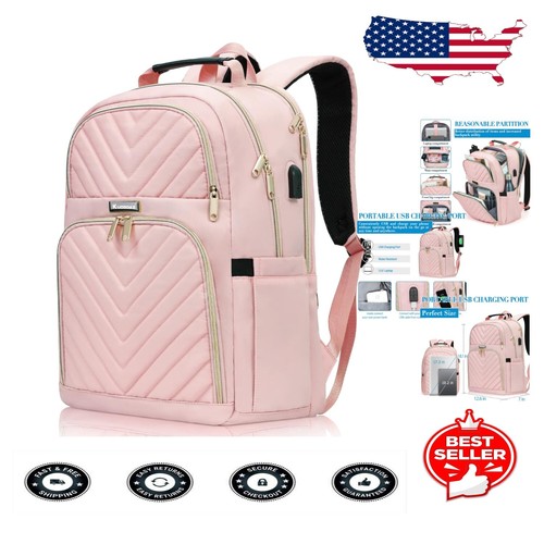 Fashion Quilted Women's Backpack in Pink - USB Charging, Anti-Theft Design