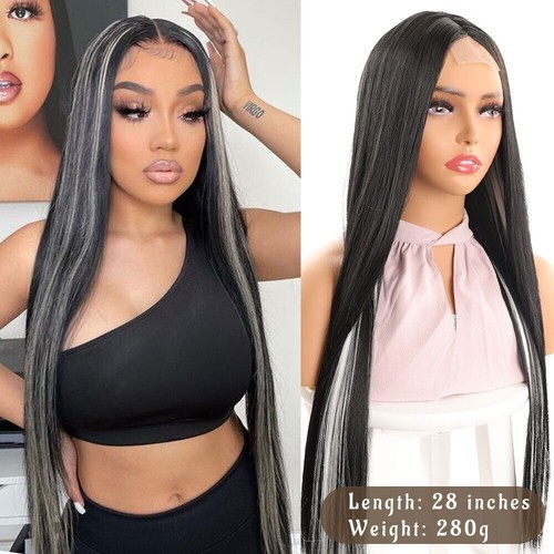 32" Women's Front Lace Wig Bangs Beige Pink Gradient Long Straight Synthetic - Picture 60 of 62