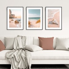 Set of 3 Coastal Wall Art Prints – Beach Landscape, Dunes & Seashell Photography