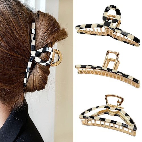 Set of 3 Stylish Checker Claw Clips for Thick Hair - Elegant Acetate Design - Picture 3 of 11
