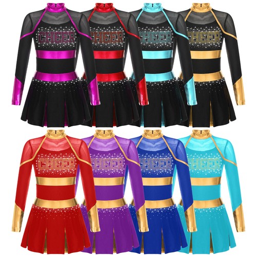 Kids Girls Uniform Cheer Leader Dresses Cheerleading Dress Contrast Color Dance - Afbeelding 1 van 87