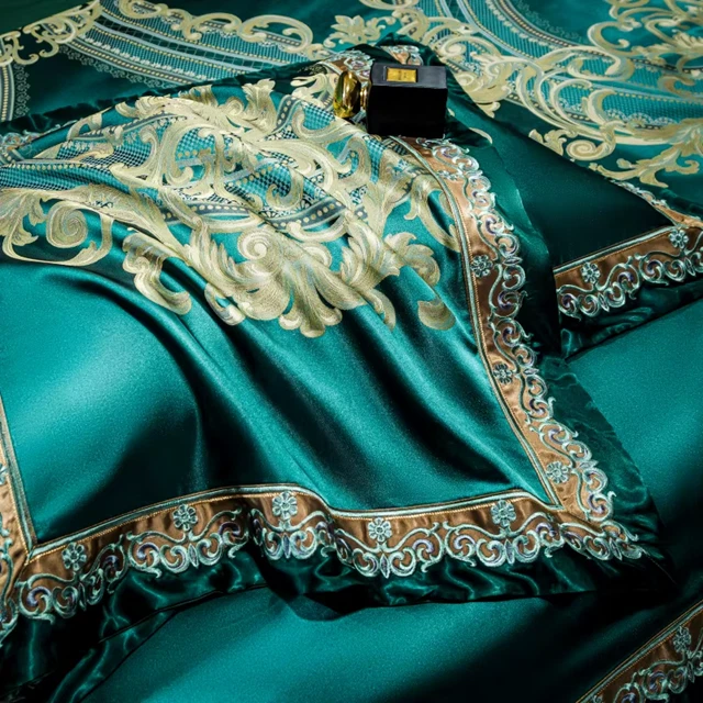 Royal Palace Emerald Green Egyptian Cotton Silk Bedding Duvet Cover Set - Image 4 of 4