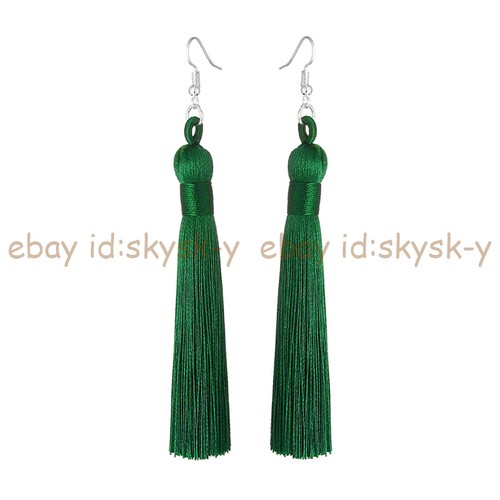 Women's Multicolor Long Tassel Silk Fabric Dangle Jewelry Silver Hook Earrings - Picture 26 of 37