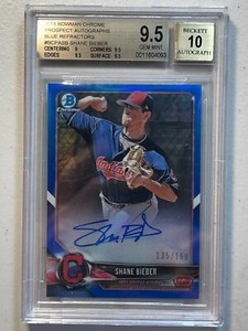 Shane Bieber BGS 9.5 10 2018 Bowman Chrome /150 Blue Refractor Auto Autograph