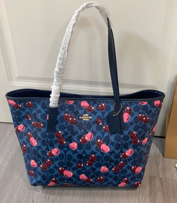 FS! COACH CY691 City Tote Bag Signature Canvas & Leather With Cherry Print Denim