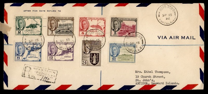 DR WHO 1952 BRITISH VIRGIN ISLANDS FDC? KGVI REGISTERED TO ANTIGUA R78451