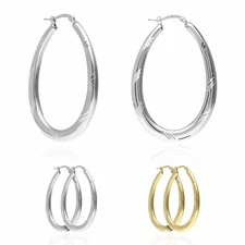 925 Sterling Silver Yellow White Gold Tone Diamond-Cut 51mm Oval Hoop Earrings