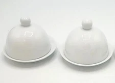 2 White Porcelain Over and Back Inc Indoor Outfitters Dome Butter Dishes w/ Lids