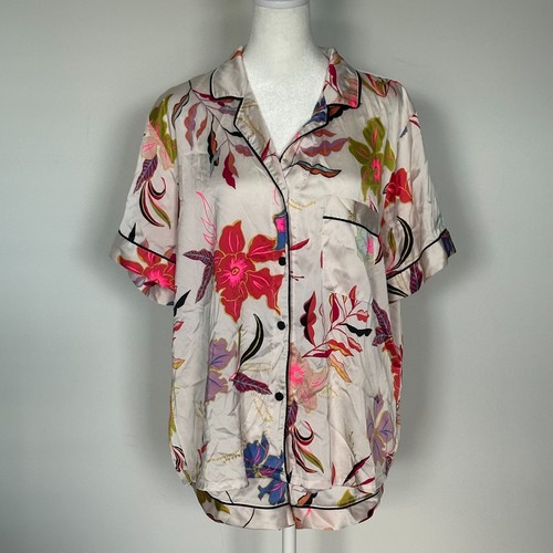 Stars Above White Satin Pajama Set Floral Short Sleeve Top & Shorts Women’s SZ L - Picture 7 of 9