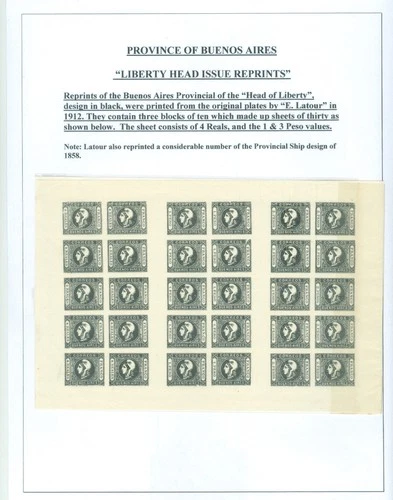 ARGENTINA 1859 Buenos Aires Liberty Head 4r, 1p, 2p E. LATOUR 1912 REPRINT sheet