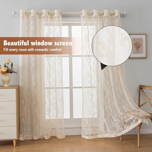Paneles de cortina transparentes de encaje beige para sala de estar elegantes juegos de tratamiento de ventanas  - Imagen 3 de 6