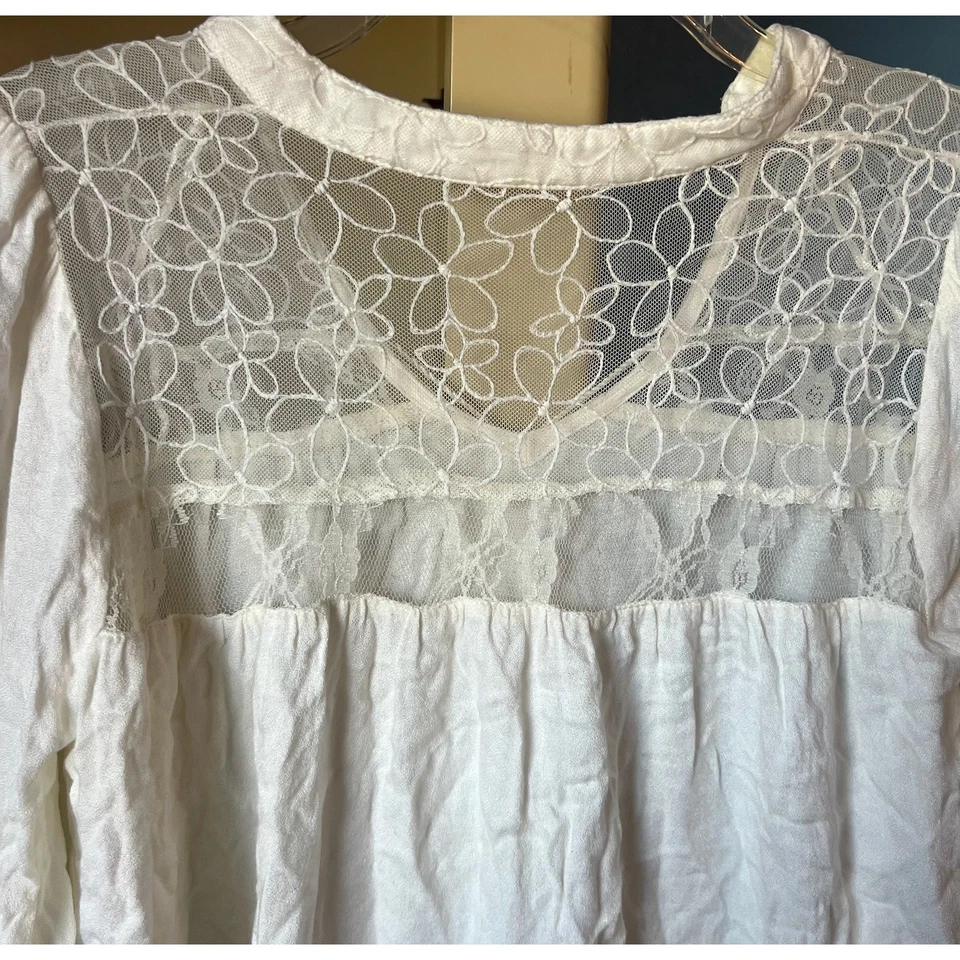 Y2K Ivory Floral Lace Sheer Peasant Blouse Small Romantic Boho Fairy Festival - Image 4 of 4
