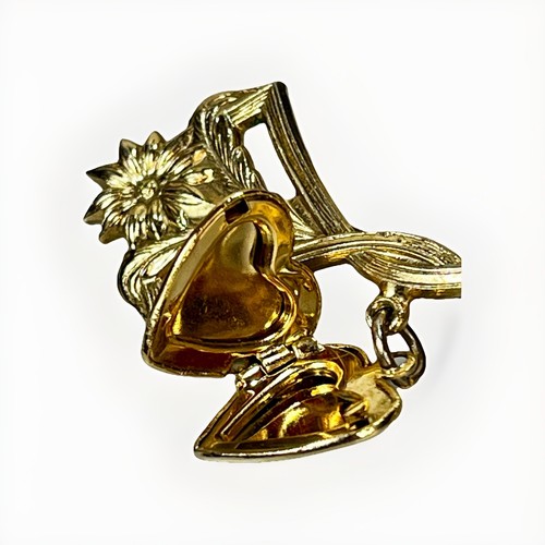 Vintage Lillian Vernon Gold Tone Art Deco Bar Brooch Heart Locket Charm Pin - Picture 7 of 9