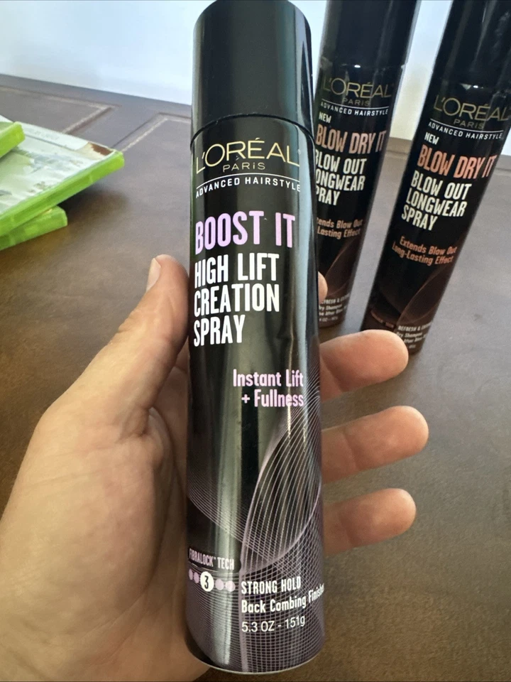 Spray L’Oréal Boost It High Lift Creation Strong Hold 5,3 OZ & (2) Blow Out 3.4 Foto 2 de 4