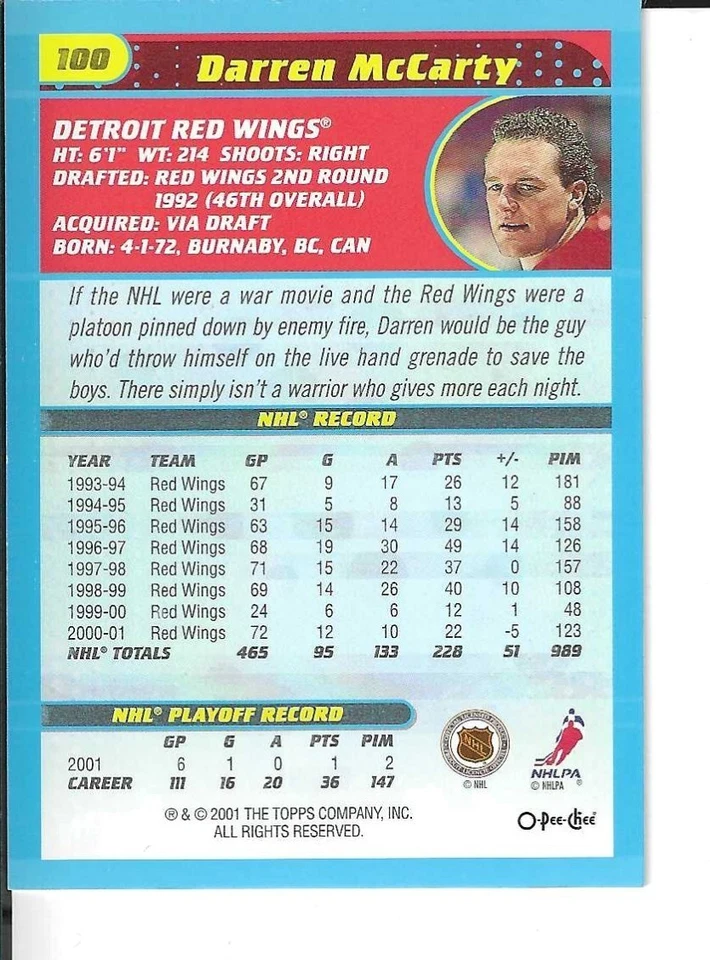 2001-02 OPC HOCKEY HERITAGE PARALLEL INSERT #100 DARREN MCCARTY - Image 2 of 2