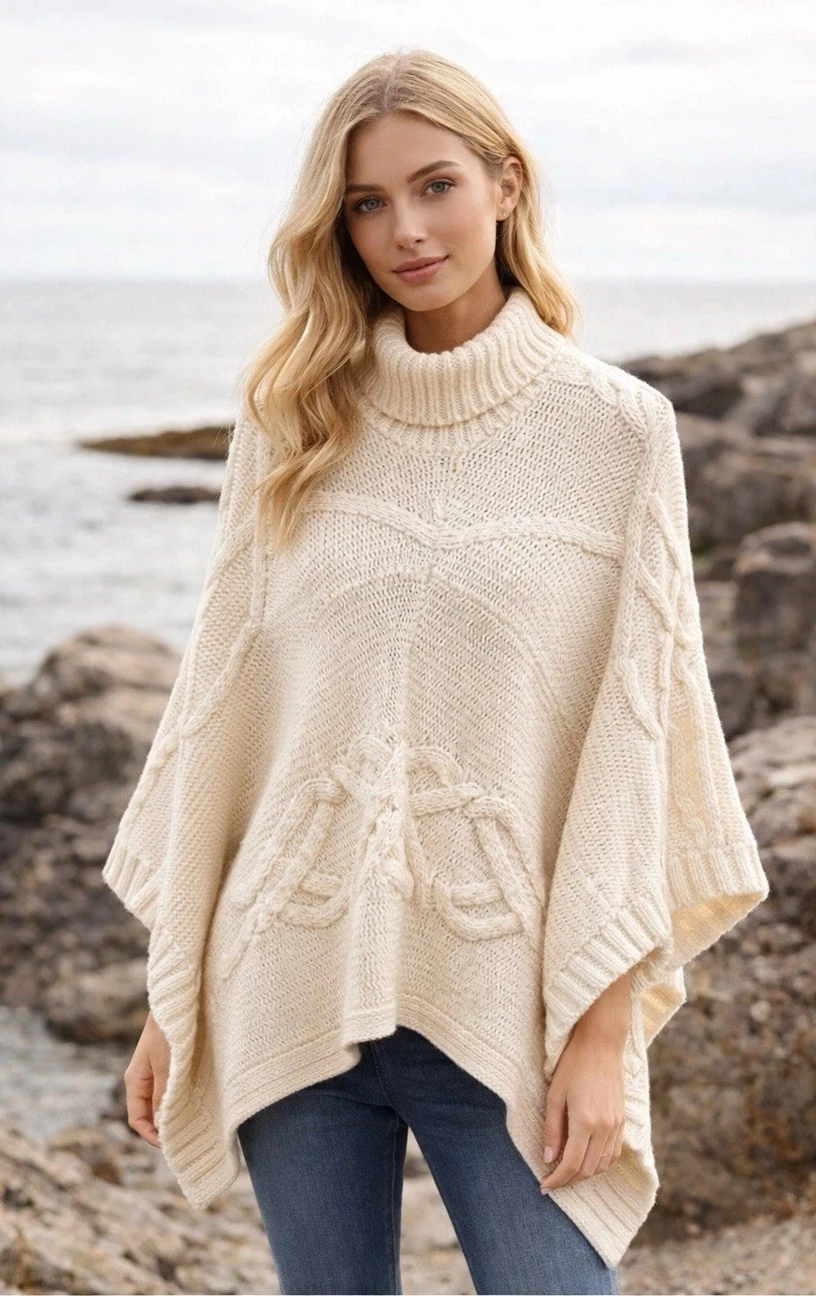 Poncho Sweater S M Cable Knit Turtleneck Wool Alpaca Fisherman