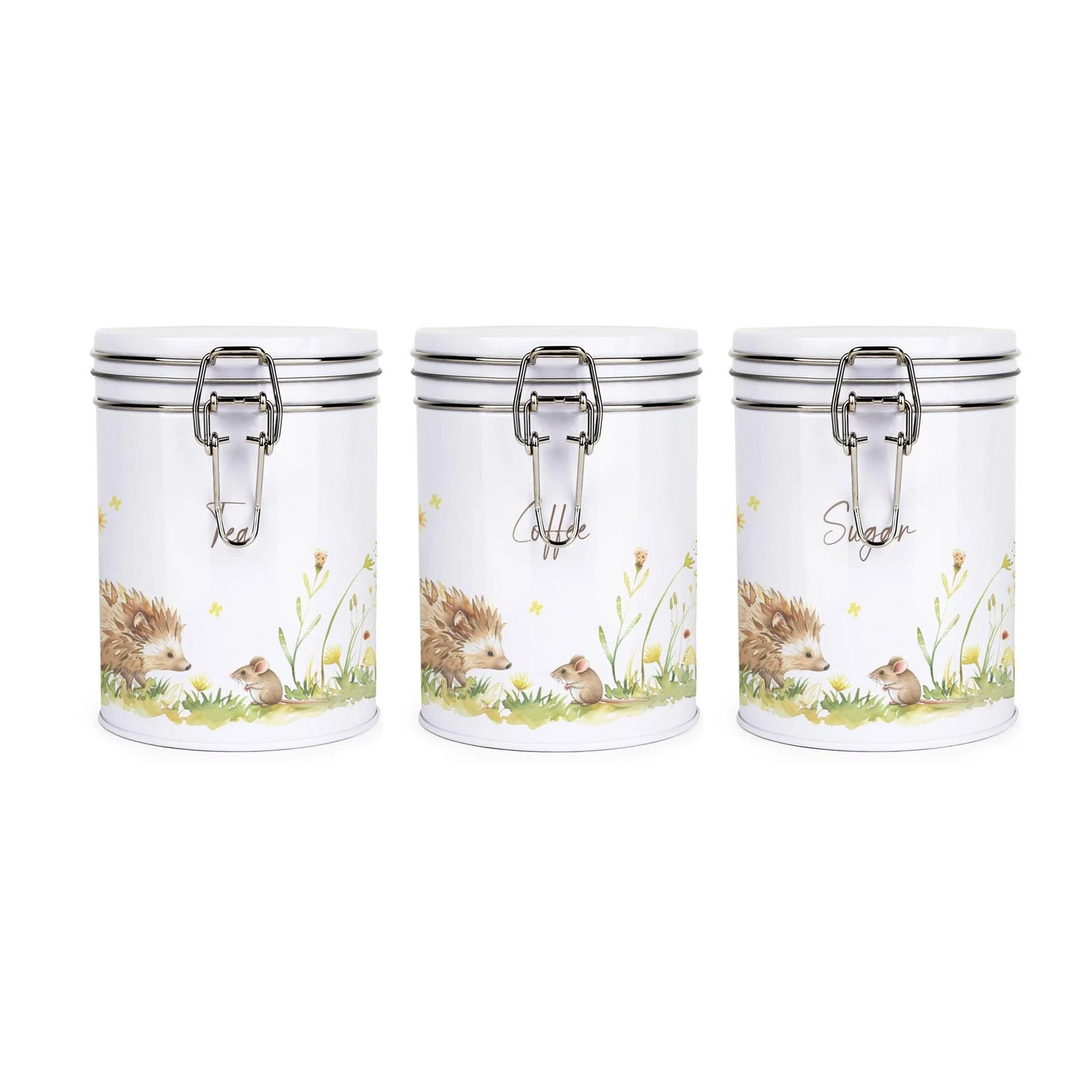 Hedgehog & Mouse Tea Coffee & Sugar Canister Set - Metal Kitchen Storage Gifts
