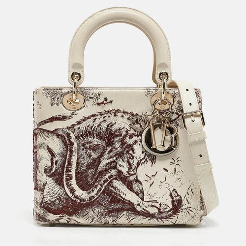 Sac fourre tout Dior cuir blanc cassé moyen perles brodées Lady Dior