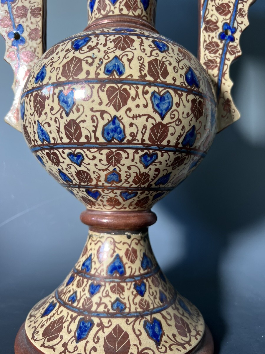 19th Antique Spanish Alhambra Majolica Amphora Vase Moors Persian