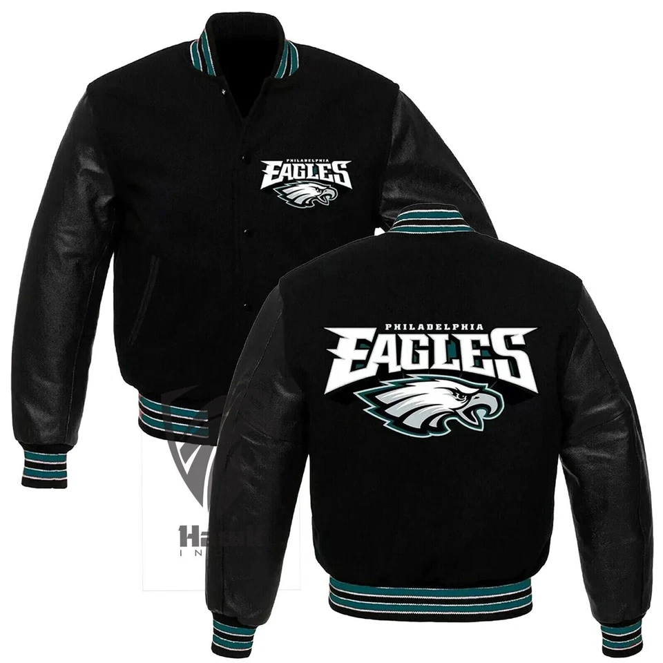 Chaqueta Letterman Philadelphia Varsity Negra Lana y Cuero Genuino Foto 2 de 4