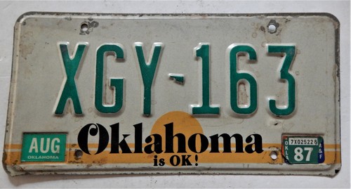 Oklahoma License Plate XGY 163 white gold green August 1987 automobile car tag - Picture 1 of 2