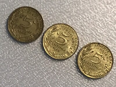 3 Stck. 5 Centimes Frankreich Münze Coin Republique Francais Liberte Egalite Fr.