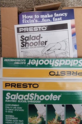 VINTAGE PRESTO SALAD-SHOOTER ELECTRIC SLICER SHREDDER MODEL 02910 UNTOUCHED NEW! - Picture 12 of 12
