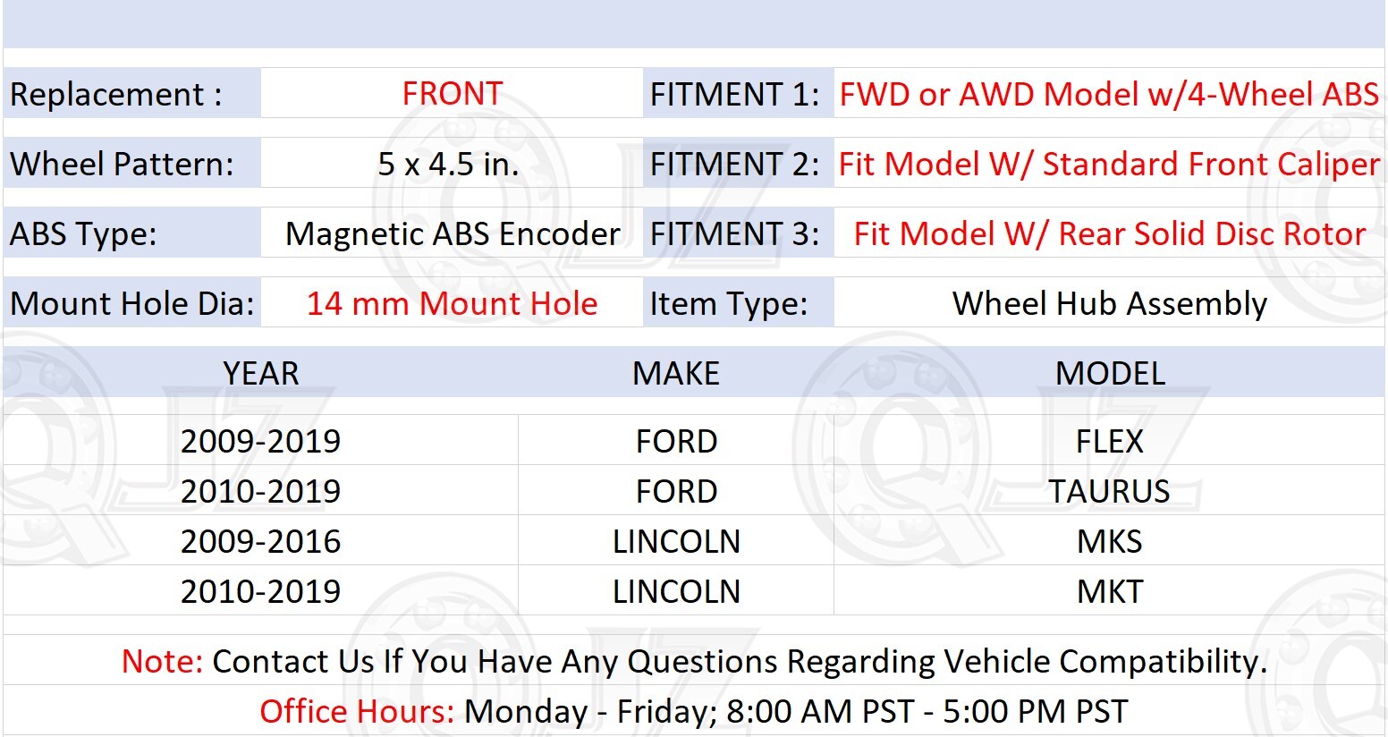 [FRONT(Qty.2)] Wheel Hub Assembly For 2009-2016 Lincoln MKS Sedan FWD/AWD-Model