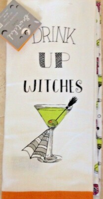 BEWITCHED  SET OF 2 KITCHEN HALLOWEEN TOWELS DRINK UP WITCHES 100% COTTON  NWT