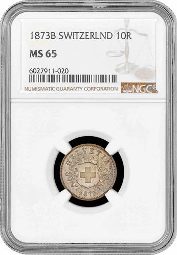 Switzerland 10 rappen 1873 B, NGC MS65, "Confoederatio Helvetica (1850 - 1916)"