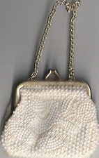 Vintage Handmade coin purse, beaded Ivory White, 3x4 gold colored latch chain