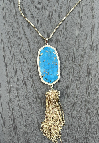 NWT Kendra Scott Bronze Turquoise Rayne Pendant Necklace Gold Plat. Chain Tassel - Picture 9 of 11