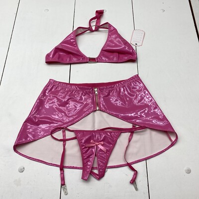 Foxzone Sexy Pink Faux Leather Lingerie Piece Set Bra Panty