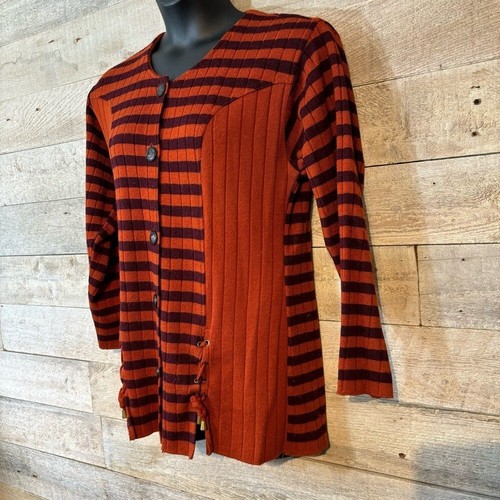 Vintage Borgoforte women’s orange button up striped ribbed sweater size large - Picture 2 of 8
