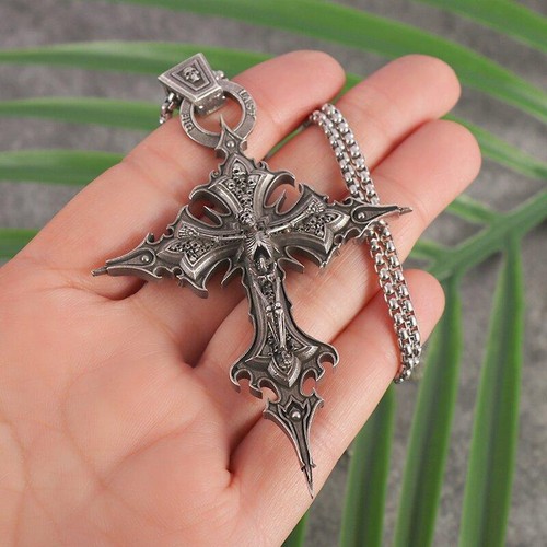 Men's Large Gothic Vintage Skeleton Cross Pendant Necklace Street Vintage Jewelr - Picture 9 of 12