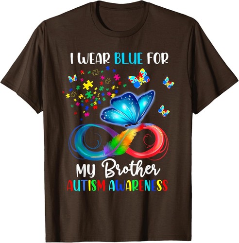 I Wear Blue For My Brother Autism Puzzle Butterfly T-Shirt - Picture 15 of 18
