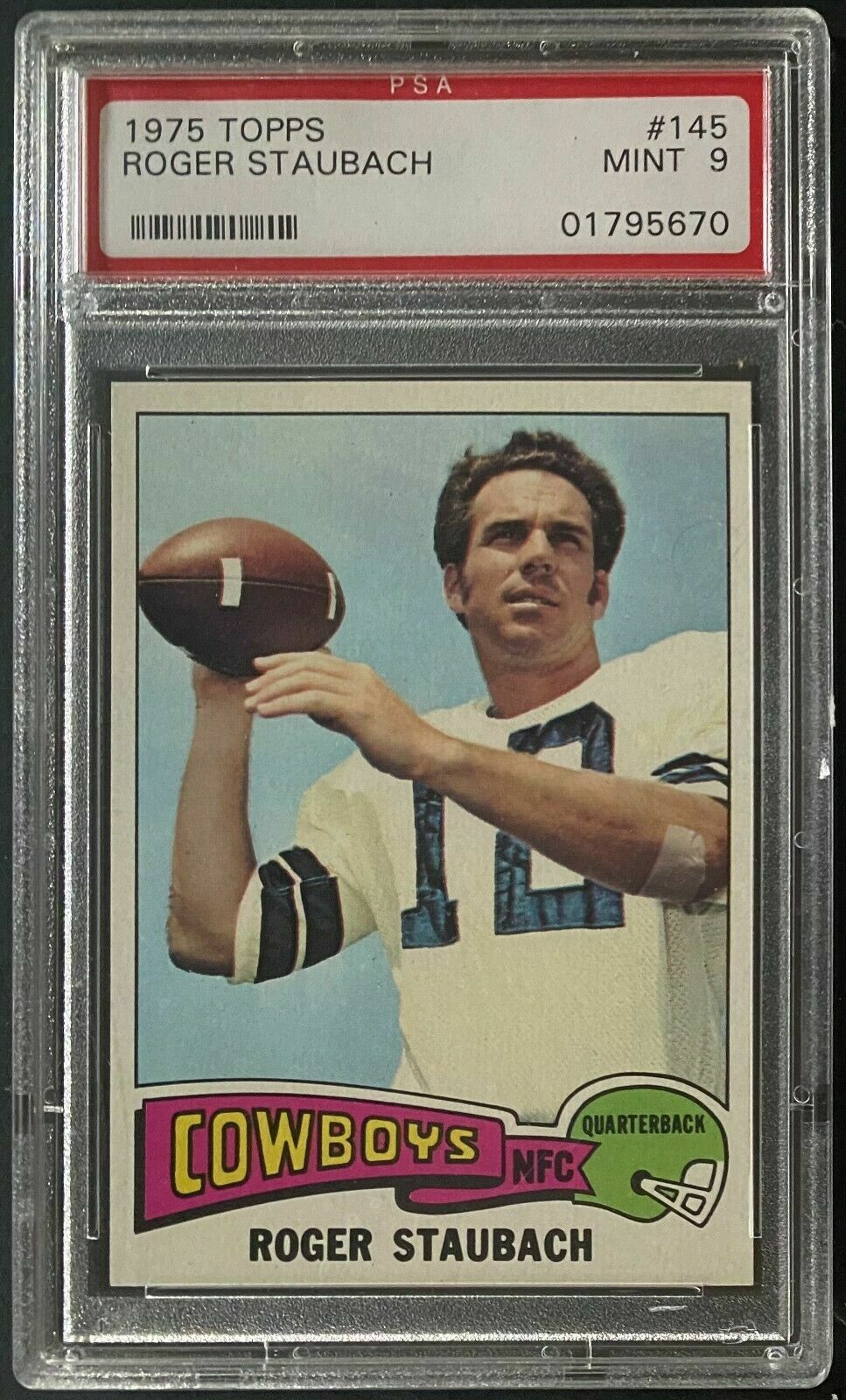 1975 Roger Staubach Dallas Cowboys Topps Football Card #145 NFL PSA MINT 9