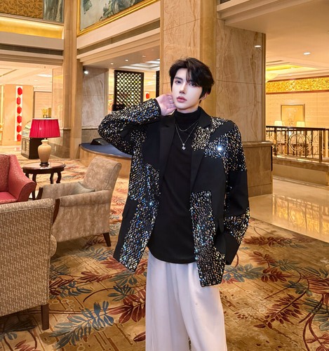Nightclub Suit Jacket Men's Design Sequin Splicing Performance Casual Suit Coats - Picture 9 of 14