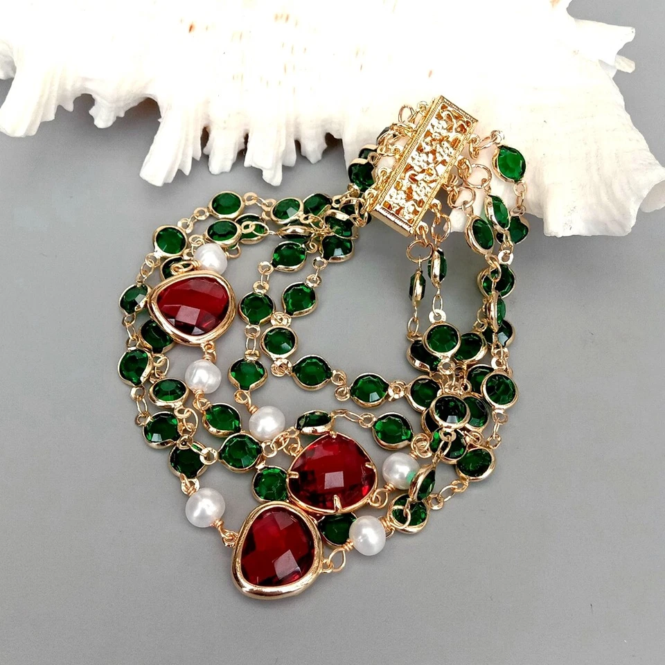 4 Strands Cultured White Pearl Green Crystal Rosary Chain Bracelet Beaded - Image 2 of 4