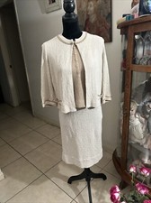 Vintage 1960 s Tannel Knits 3 Piece Suit Skirt Top Jacket Beige With Taupe
