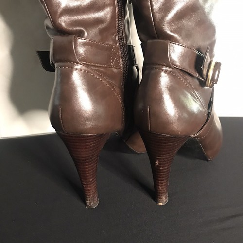Guess KYLEANN Brown Over Knee High Heel GOLD ZIP BUCKLE Boots SZ 10M Pre-Owned - Picture 6 of 12