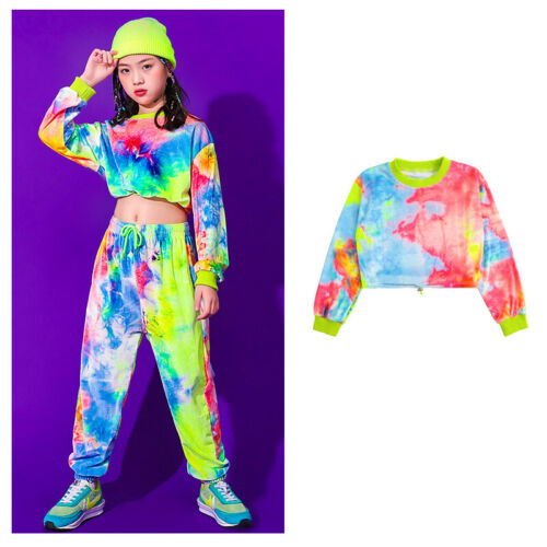 Girls Street Dance Costume Kid Colorful Hip-Hop Performance Jazz Dance NavelSuit - Picture 24 of 29