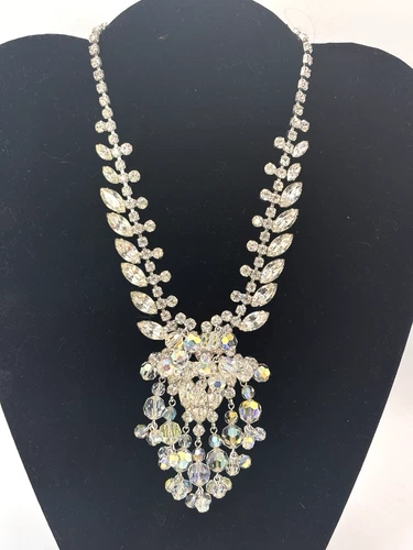Juliana AURORA BOREALIS Waterfall Statement Necklace VTG Sivertone Rhinestone