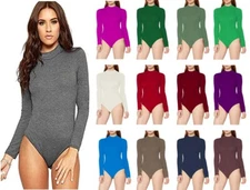 Womens Basic Polo Neck Long Sleeve Bodysuit Top Unitard Leotard Top UK 8 to 26
