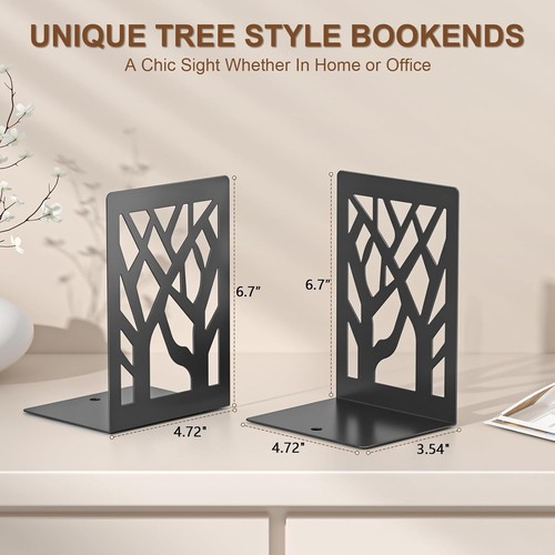 Bookends 4 Pieces, Modern Metal Bookends for Shelves, Black Tree Book Ends for B - Picture 2 of 11