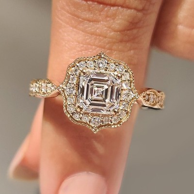 Vintage Rose Gold Plated Asscher Cut Engagement Ring Art Deco Halo Style Ring