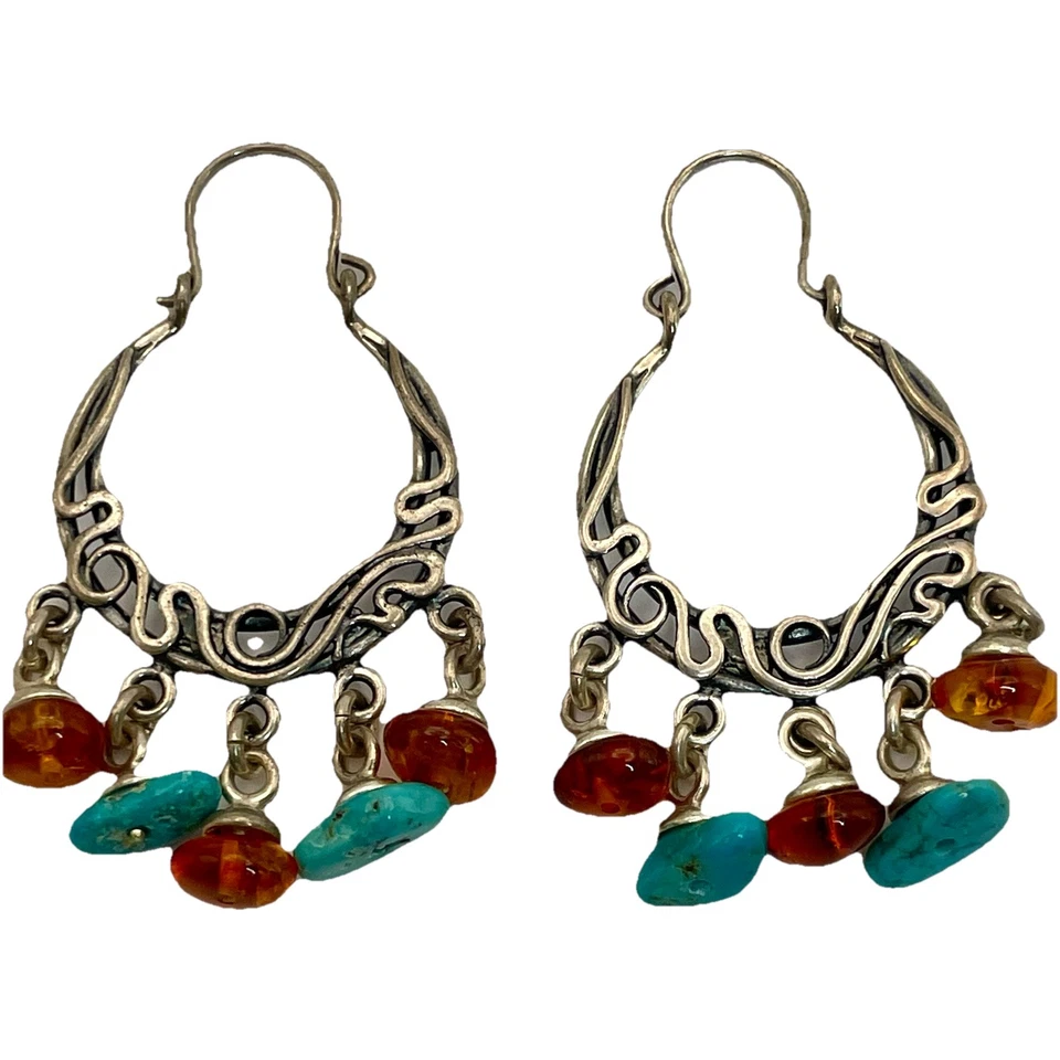 纯银环状耳环绿松石和琥珀悬垂宝石 11.24 克旋转 — 第 3/4 张图片